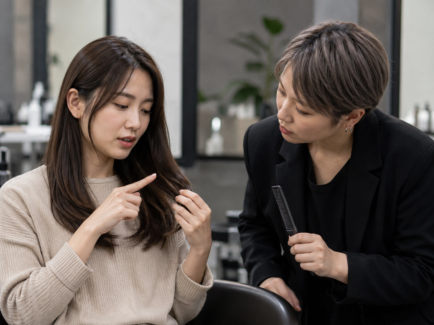 客人指著髮尾說明髮況,設計師持梳仔細評估