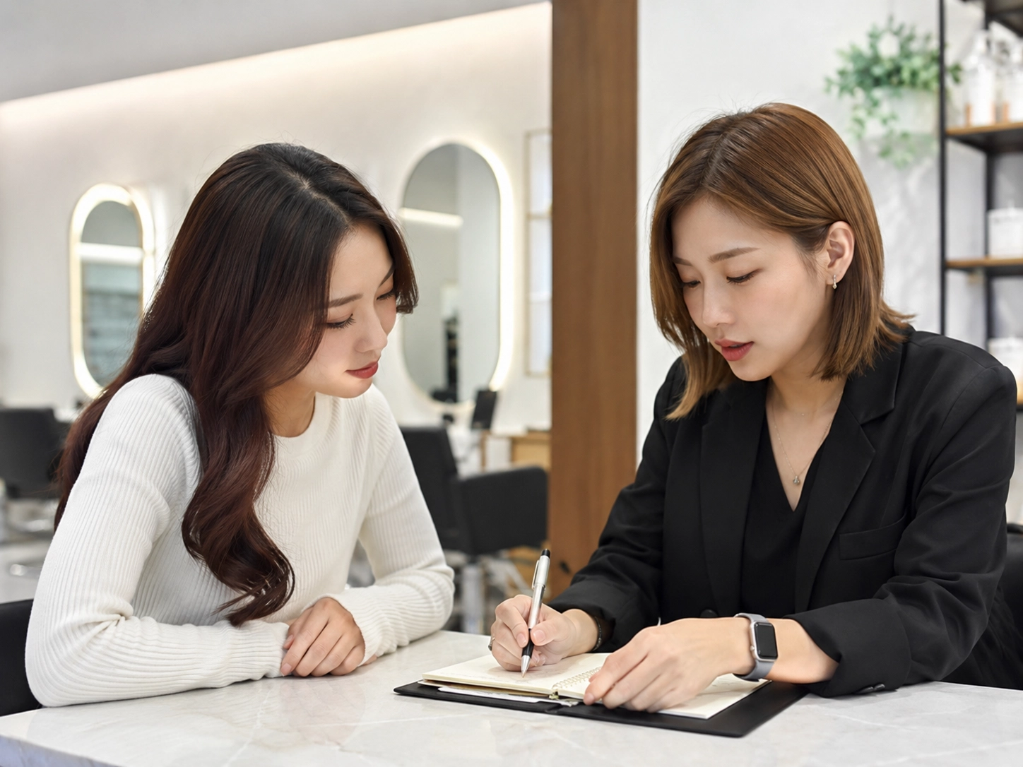 設計師與客人確認染燙回訪日期