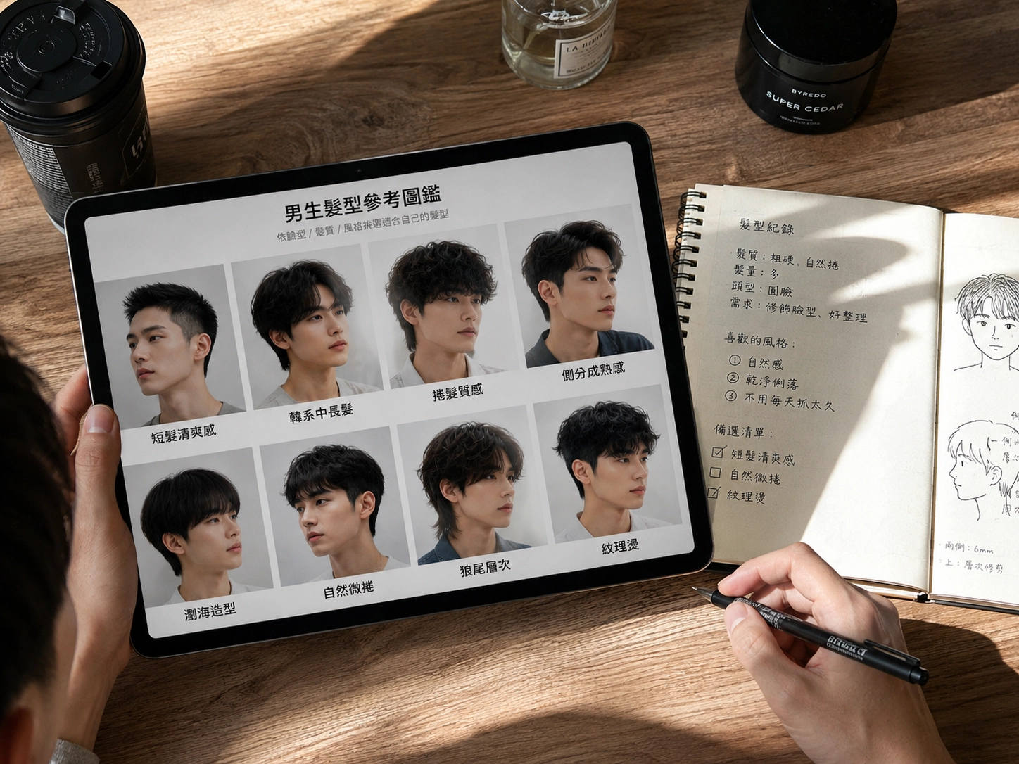 髮型參考書或平板上顯示多款男生髮型照
